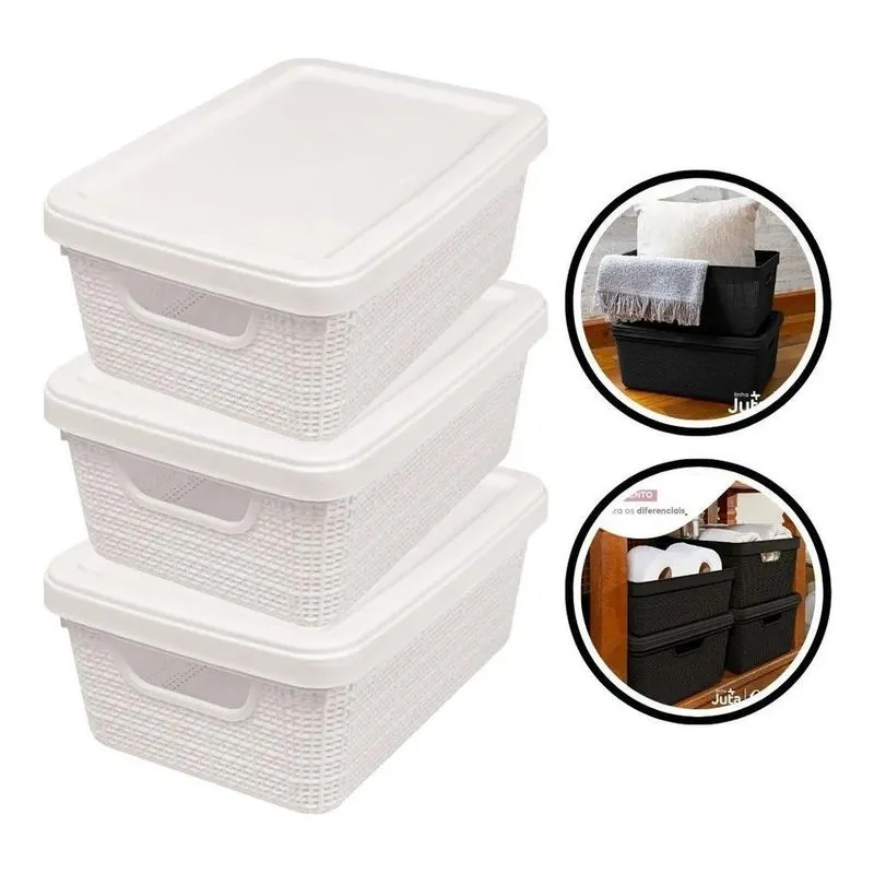 Kit 3 Caixas Organizadoras 15l Rattan Cesto Com Bran