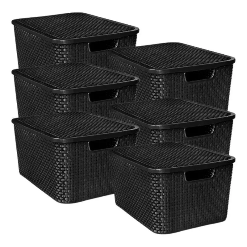 Kit 6 Caixas Organizadoras Com Tampa Pequena Rattan Preto