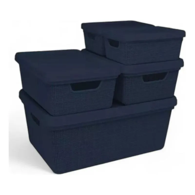 Kit 5 Caixas Organizadoras 1,8l 5l 15l Cesto Tampa Multi Azu