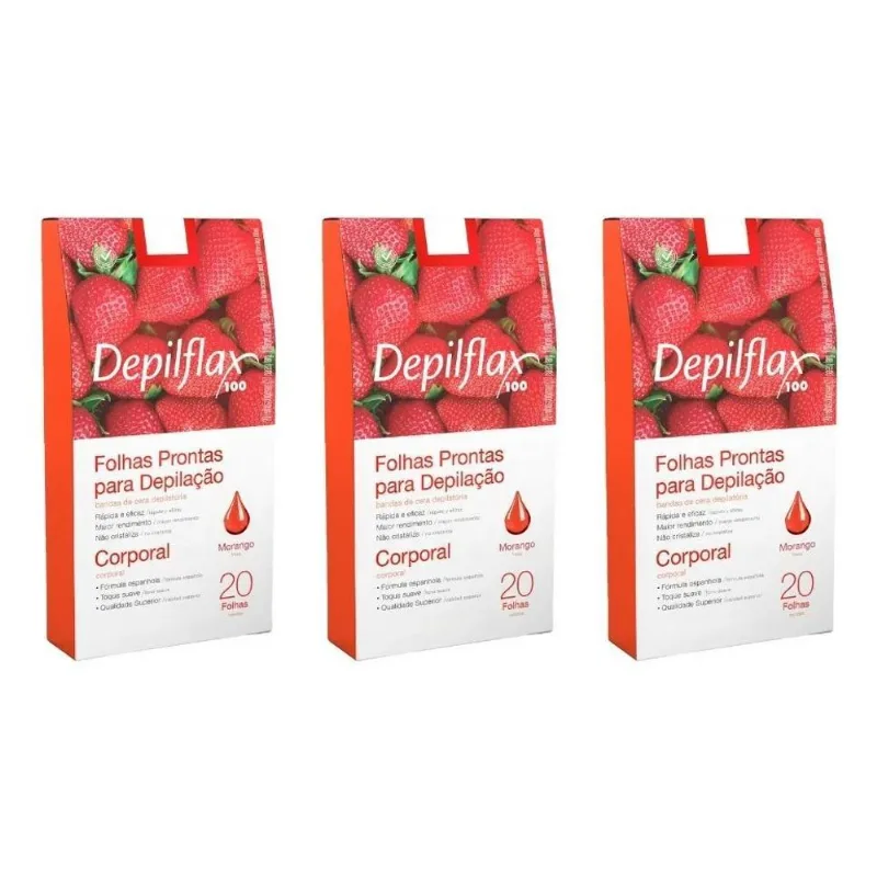 Kit 3 Cx Folhas Prontas Depilação Corporal Morango Depilflax