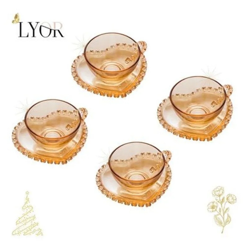 Conjunto 4 Xicaras Cafe Cristal C/pires Coracao Ambar 80ml