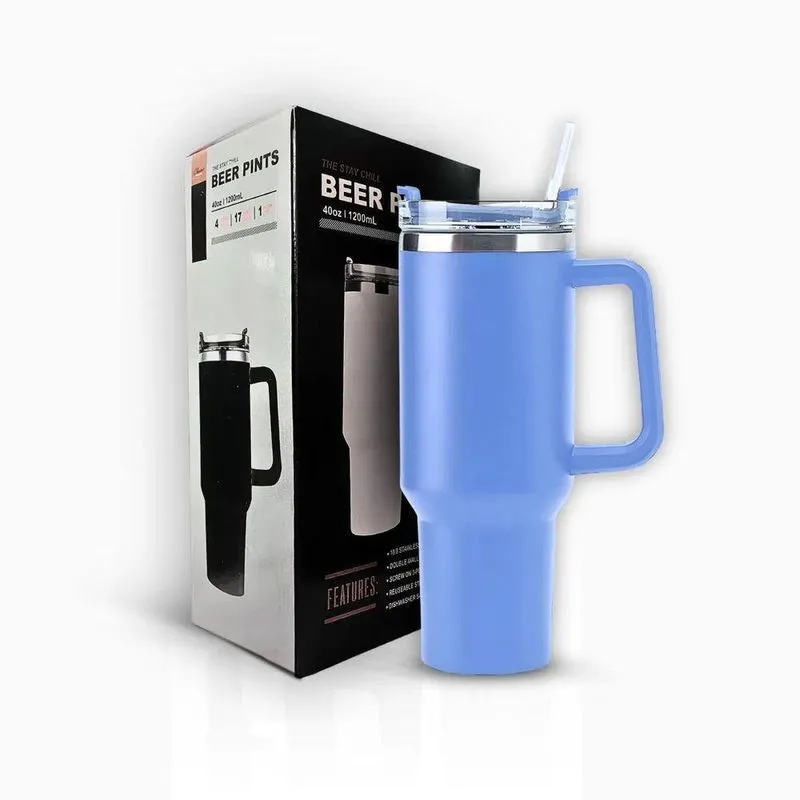 Copo Térmico Grande 1200ml Aço Inox Parede Dupla Com Canudo Para Bebidas Quentes E Frias (azul Claro)