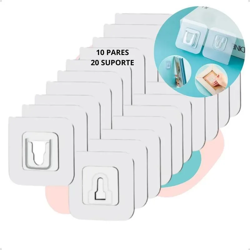 20 Suporte 10 Pares Adesivo Gancho P/quadro Sem Prego Furo