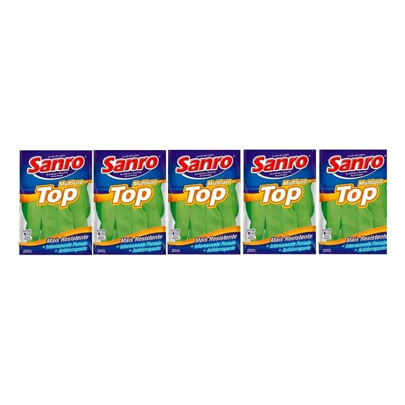 5 Pares De Luva Latex Limpeza Multiuso Sanro Top Verde P