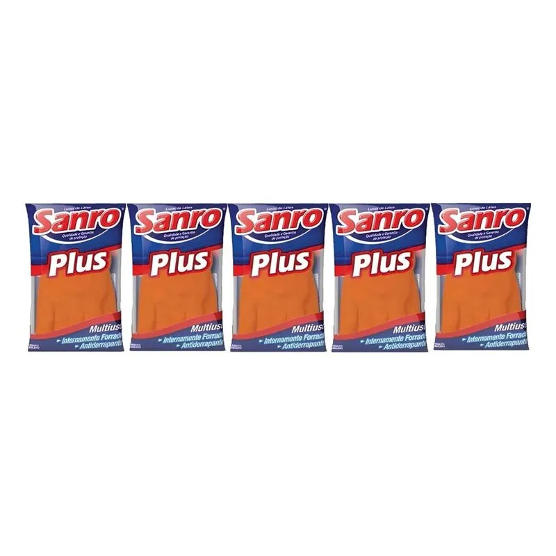 5 Pares Luva Latex Limpeza Multiuso Sanro Plus Laranja G