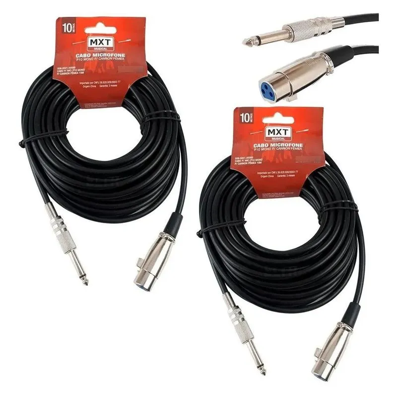 5x Kit 2 Cabo De Microfone P10 Mono Para Cannon Xlr Fêmea 10