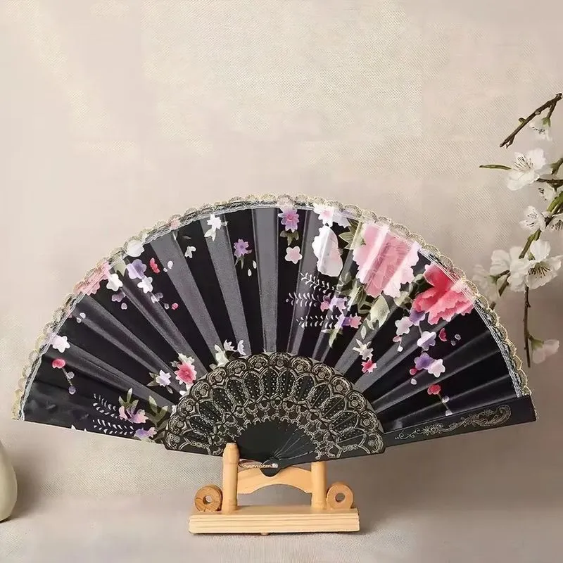 Leque De Mão Em Cetim Dobrável Estampado Florido Elegante Co