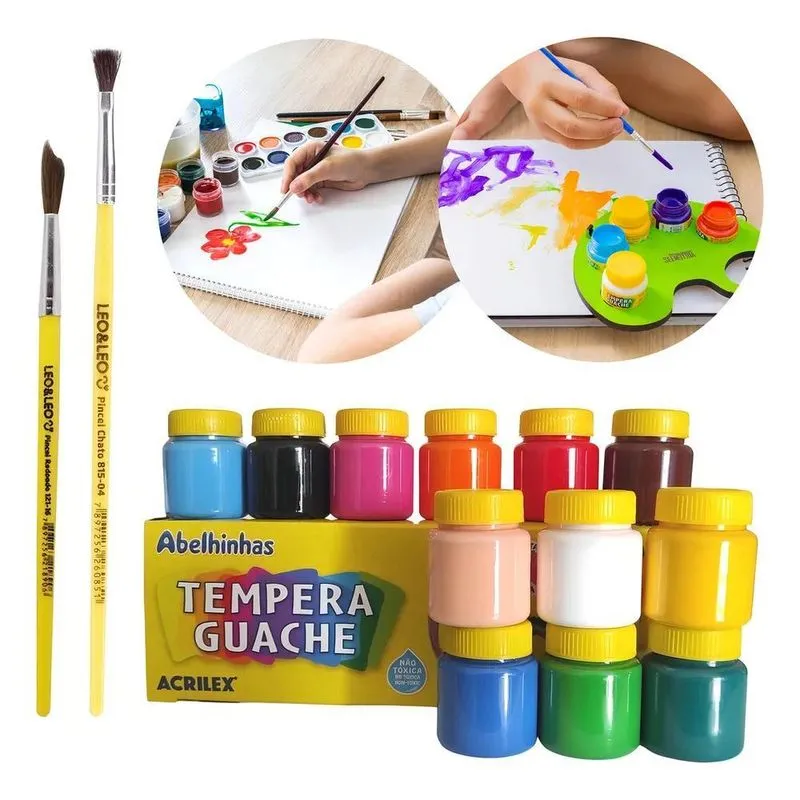 3x Tinta Tempera Guache Acrilex 12 Cores Pintura + 2 Pincéis