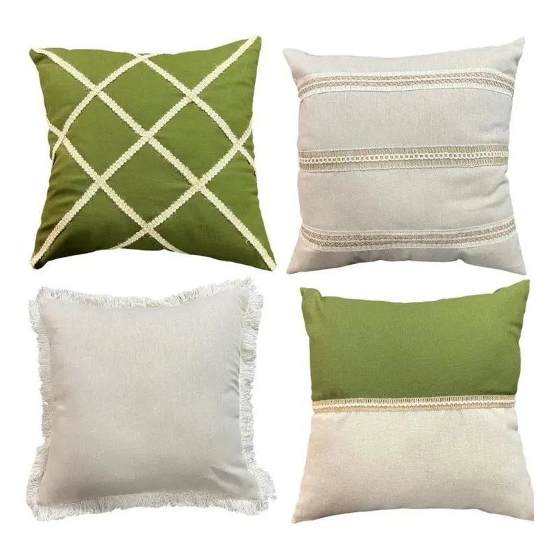Kit 4 Capas Almofada Luxo Linho Estilo Boho Chic Verde Militar