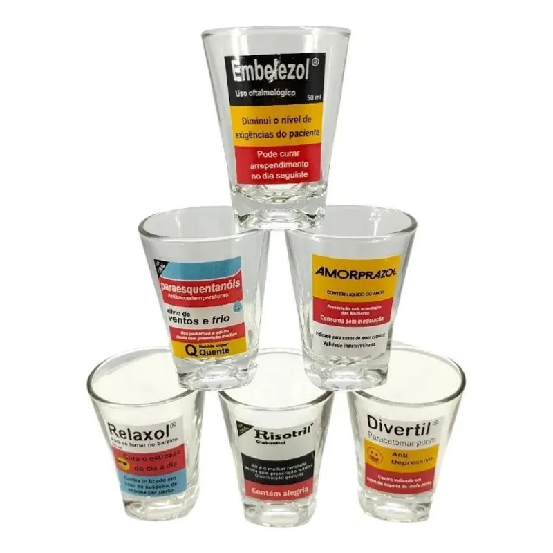 2x Kit6 Copos Dose Vidro 60ml Shot Decorado Frases Divertida