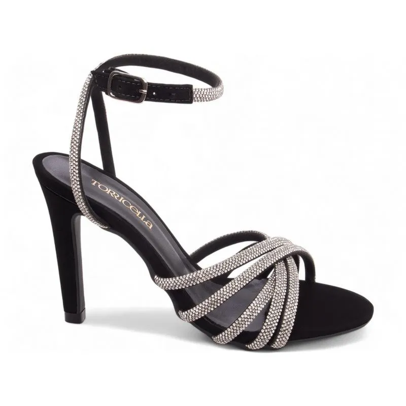 Sandália Feminina Preta Salto Alto Fino Brilho Strass Delicada 9,5 cm Preto emily online