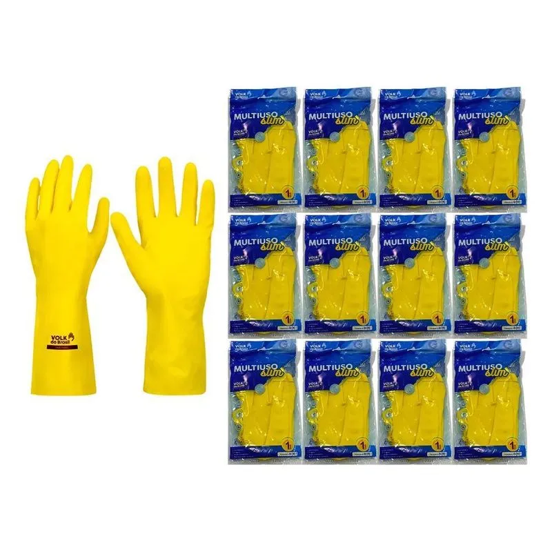 Kit 12 Prs Luva Látex Amarela Forrada Multiuso Limpeza L 8 (