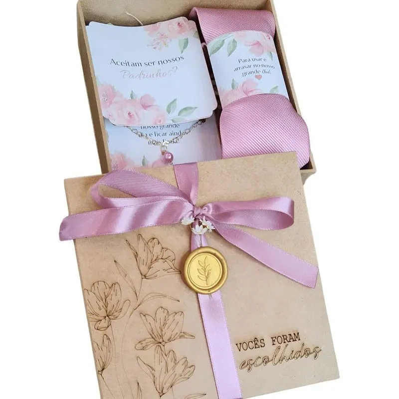Kit Convite Padrinhos Gravata Pulseira Caixa Decorada E T Ro