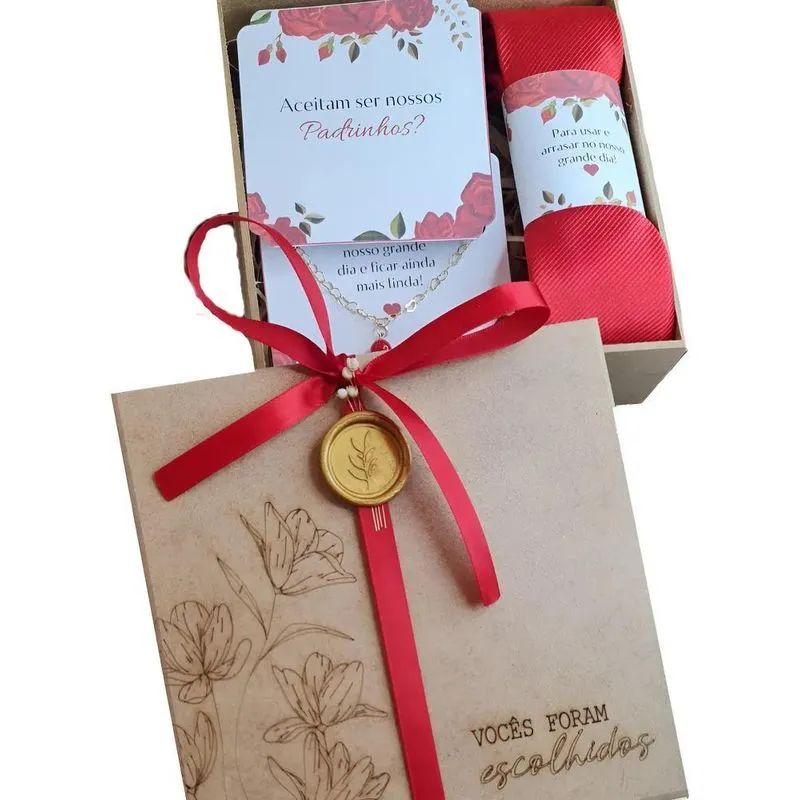 Kit Convite Padrinhos Gravata Pulseira Caixa Decorada Vermel