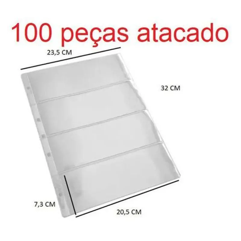 100 Folhas Plastico Cédulas Acetato Premium 4 Divisões Notas