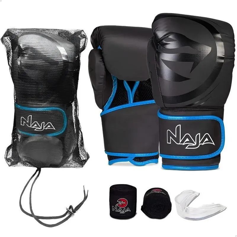 Kit Boxe Muay Thai Naja Black Line - Luva + Bucal + Preto 10