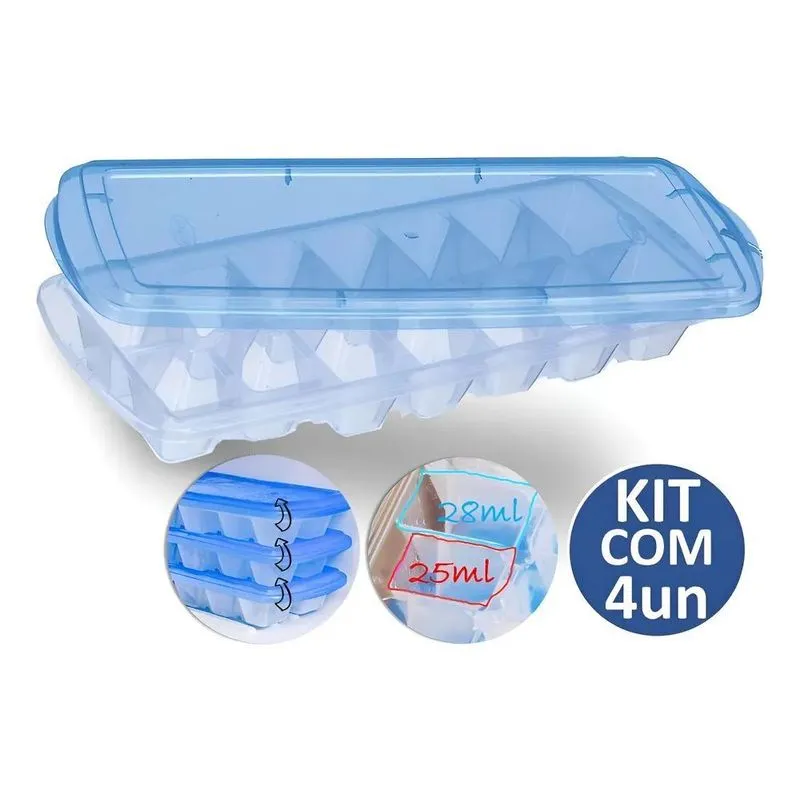 Kit 4 Formas De Gelo Com Tampa Livre De Bpa Empilhavel Cor A