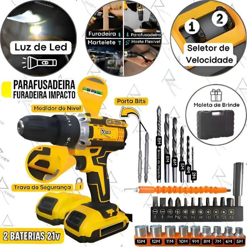 Parafusadeira E Furadeira Rishon Profissional 21v-max Maleta