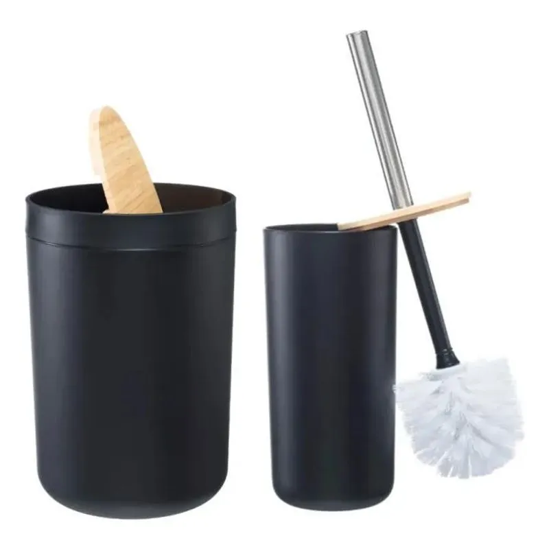 3x Conjunto 2 Peças Bambu Banheiro Completo Lixeira Escova