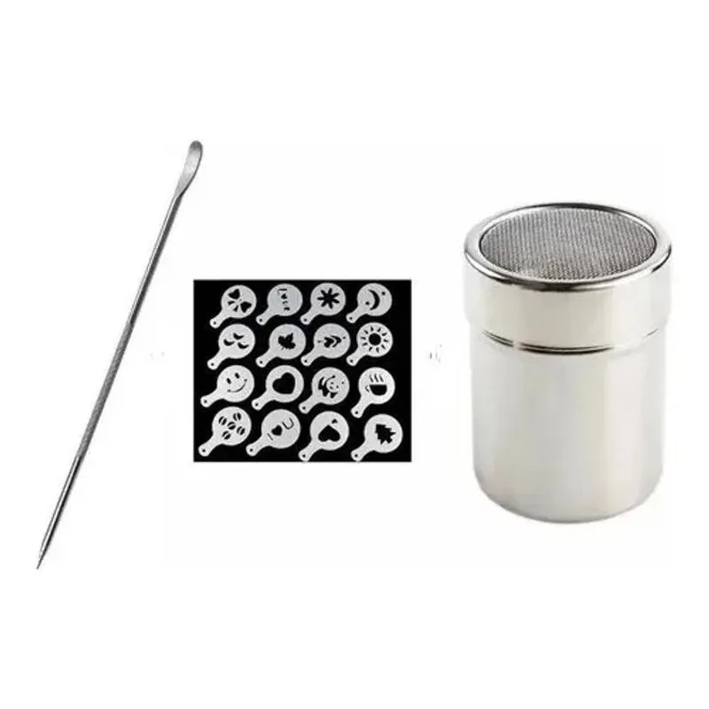 3x Kit Polvilhador De Café + 16 Moldes Stencil Barista +agul