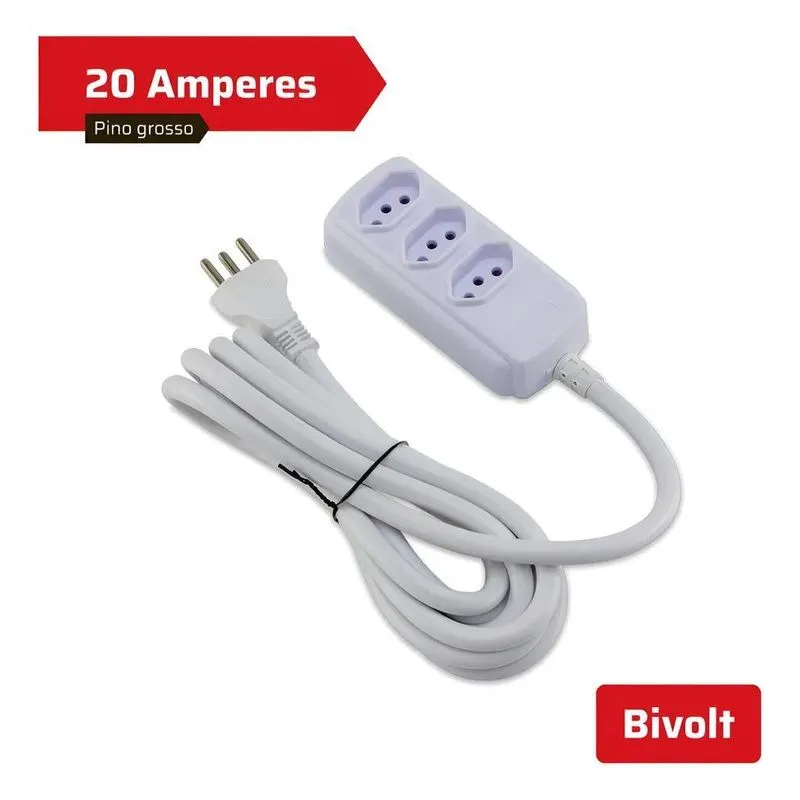 Extensão 20a 3 Tomadas 5 Metros Branca Forceline Cor Branco