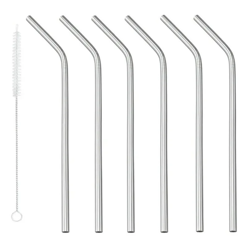 5x Kit 6 Canudos De Aço Inox Com Escova De Limpeza