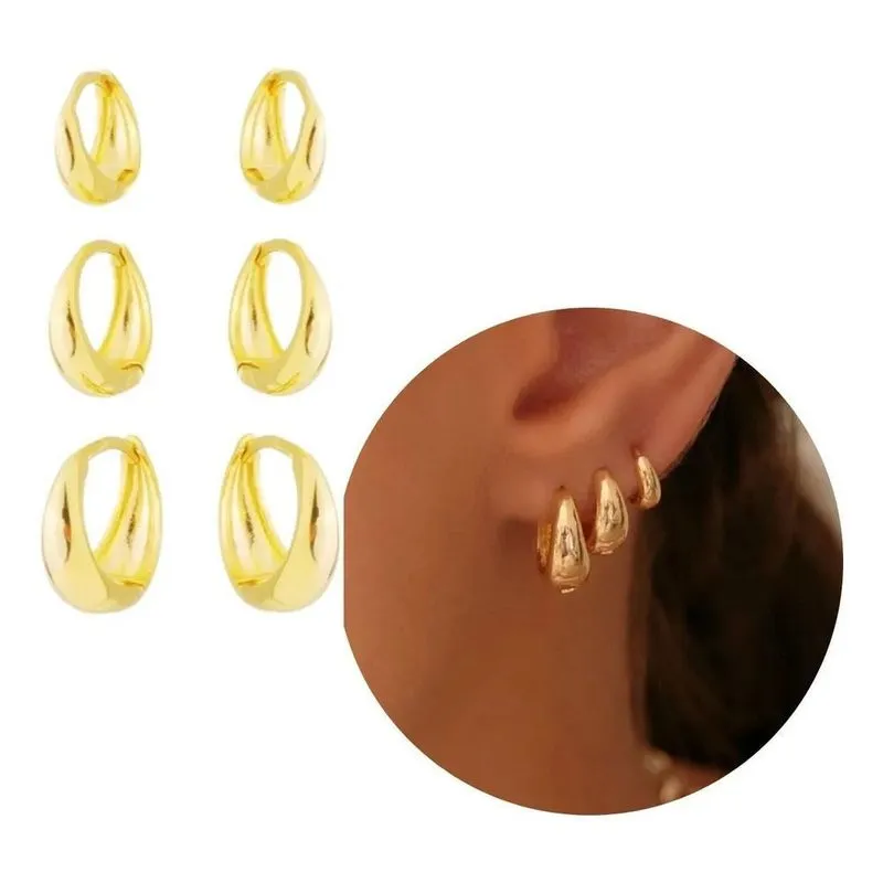 10x 3 Pares Brinco Trio De Argola Gota Clicker Ouro 18k Ban