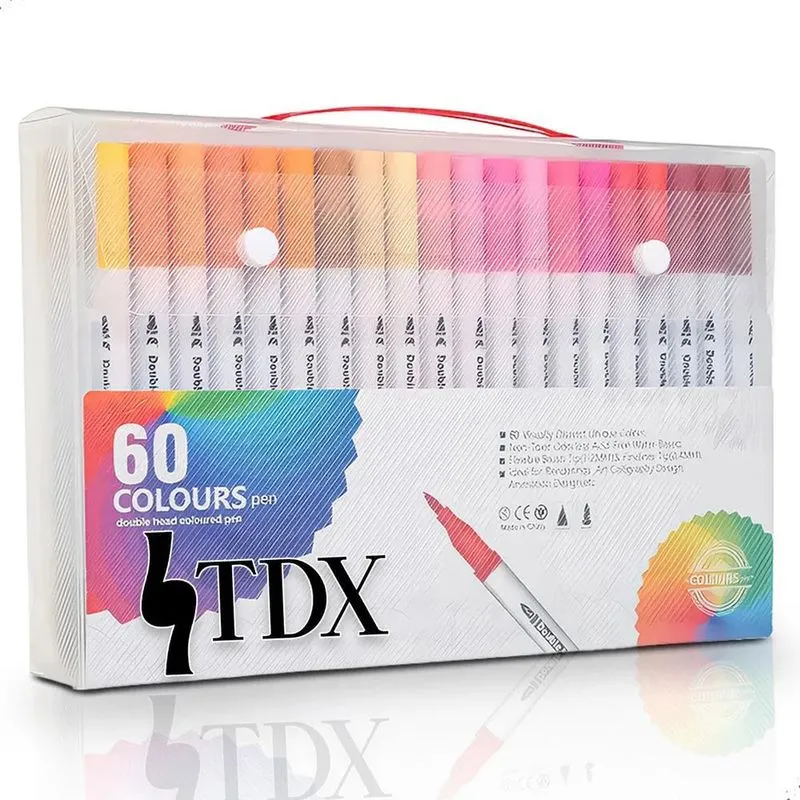 2x Canetas Ponta Dupla Brush Pen Kit 60 Cores Desenho Colori