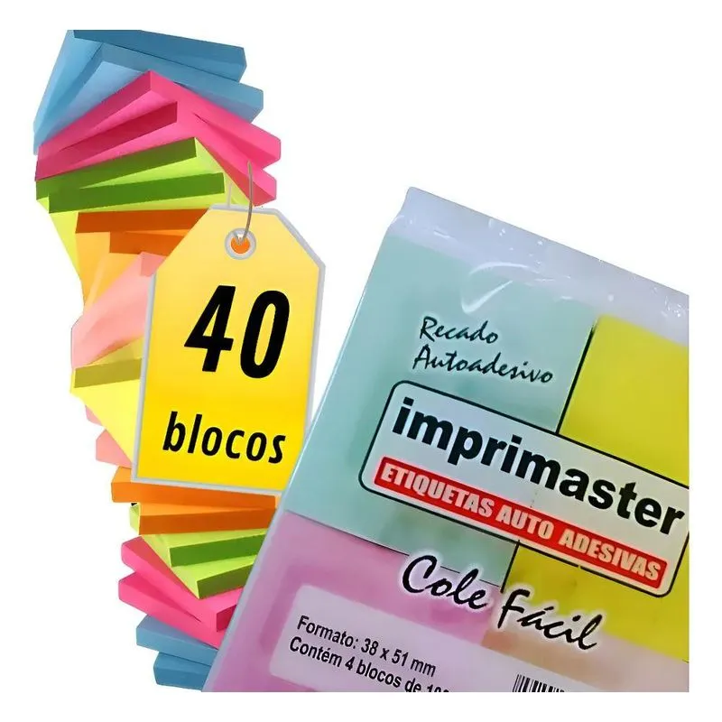 Kit 40 Blocos Recados Cole Fácil 38x50mm Colorido 100fls Cor