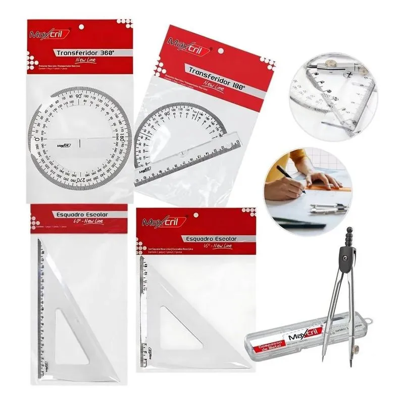 Kit 5un Escolar Transferidor Esquadro Compasso Matemática Cr