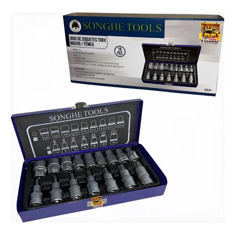 Kit Jogo Soquetes Torx Macho / Femea - 16 Peças + Maleta