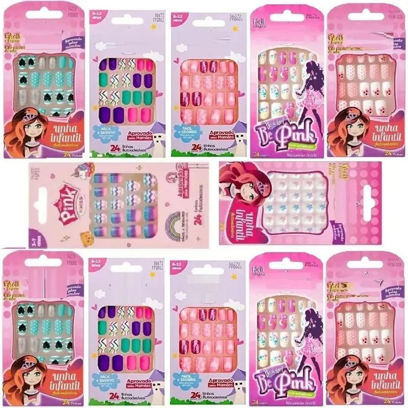 3x Kit 120 Unha Postiça Kids Infantil 10 Caixa Revenda Ataca