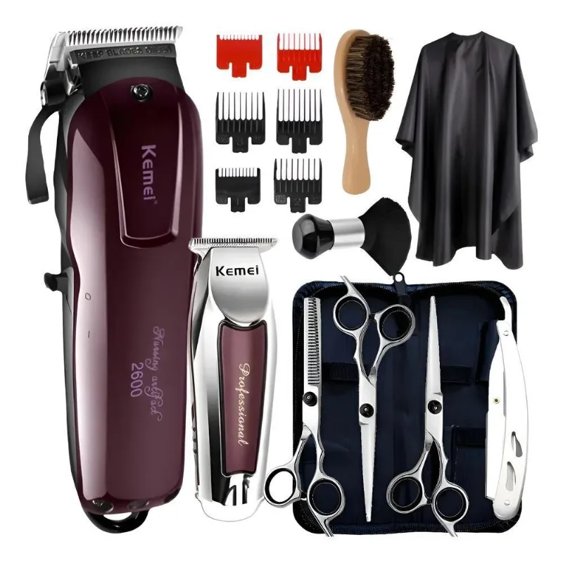 Kit Maquina Cabelo Kemei E Tesouras Profissionais Barbeiro P