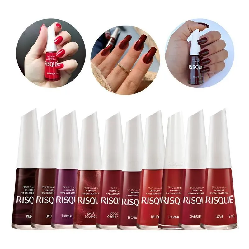 Kit 10 Esmaltes Risque Vermelhos Hipoalergênicos Sortidas