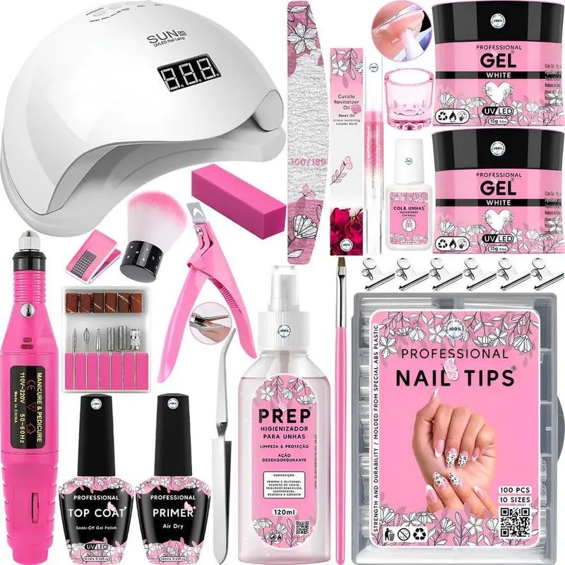 Kit Unhas De Gel Cabine Lixadeira Alongamento Ext Branco