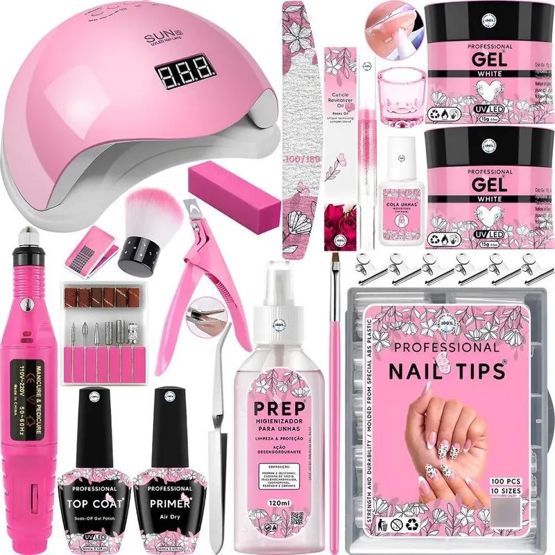 Kit Unhas De Gel Cabine Lixadeira Alongamento Exten Rosa