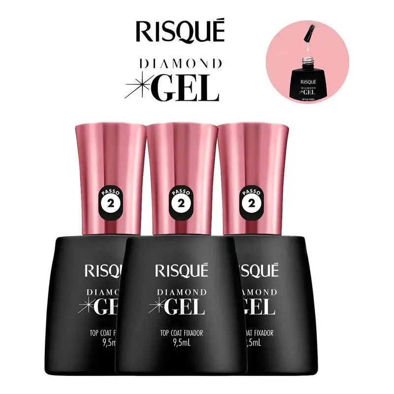 Kit Esmalte Risque Diamond Gel Top Coat Fixador 3 Unidades