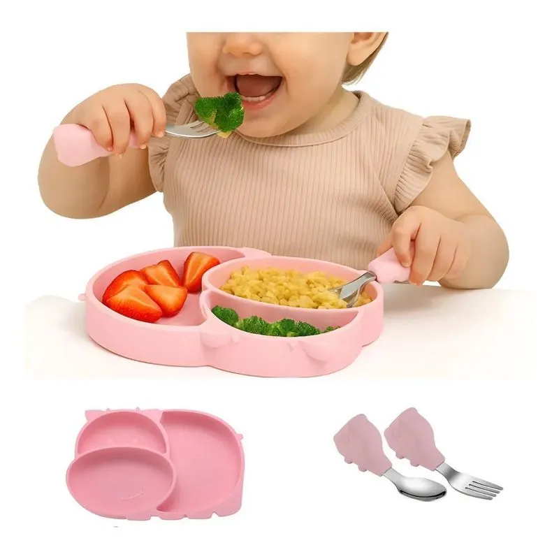 Prato Infantil Hipopótamo Divisórias Ventosa Garfo Col Rosa