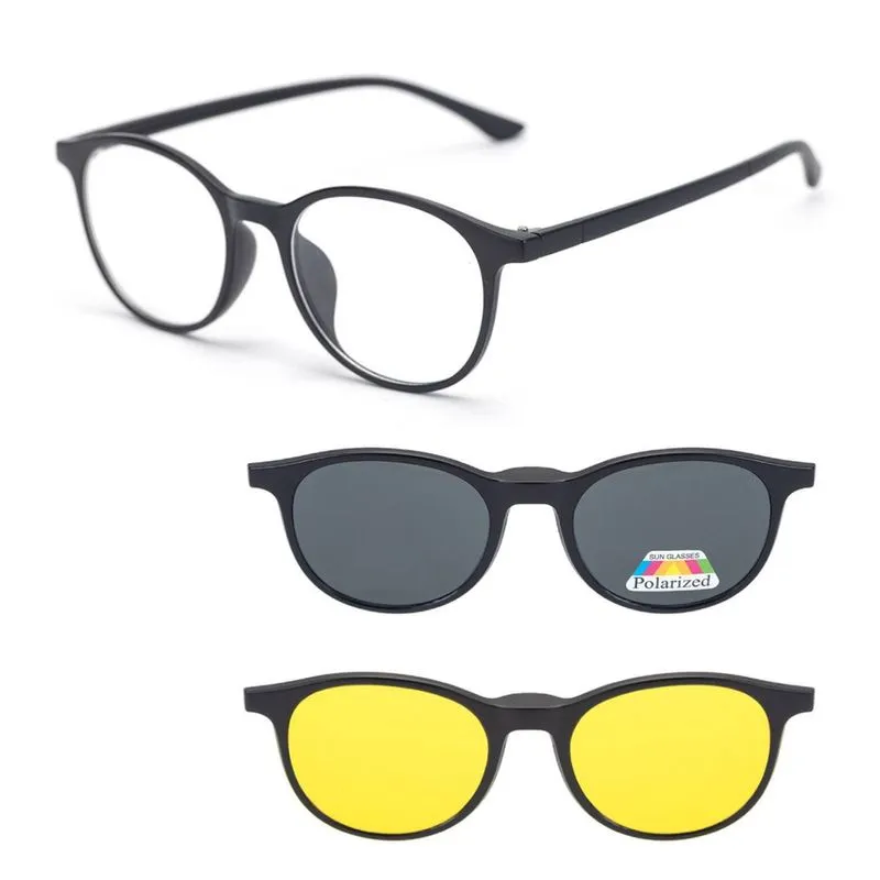 Armação de Oculos de Grau e Oculos de Sol Preto Polarizado Clip On 3 em 1 Redondo Masculino Encaixe Imã Magnetico Troca Lente Amarelo Dirigir a Noite Modelo