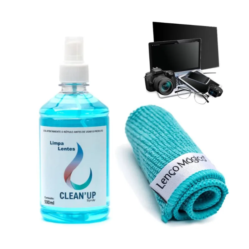 Kit Limpa Tela Para Smart Tv Monitor Notebook Celular Tablet Oculos de Grau - Spray 500ml + Lenço Microfibra 20X30cm Azul