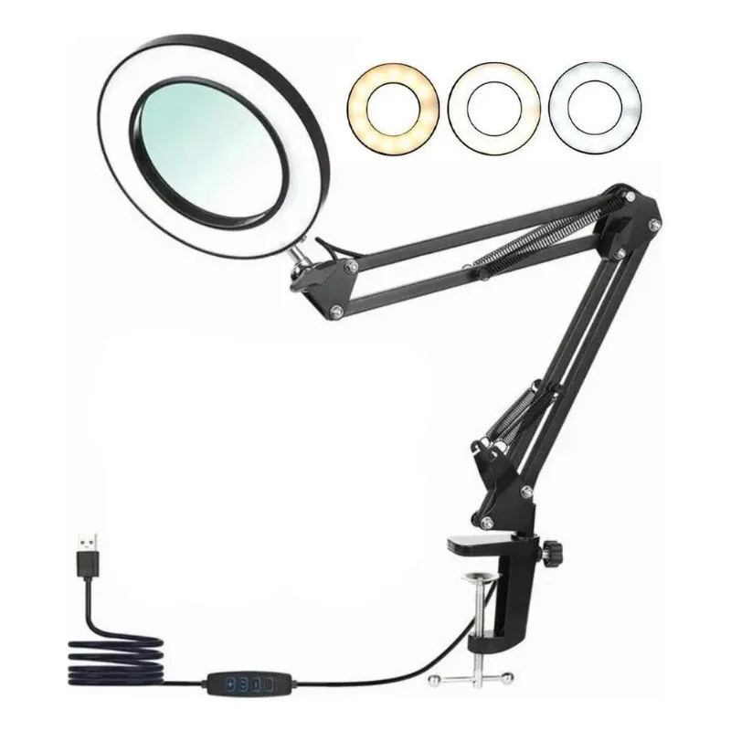 5x Braço Articulado Mesa Lupa Com Led Ring Light 6 Polegada