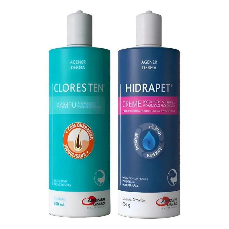 Cloresten Shampoo 500ml + Hidrapet Creme 500g Cães Gatos