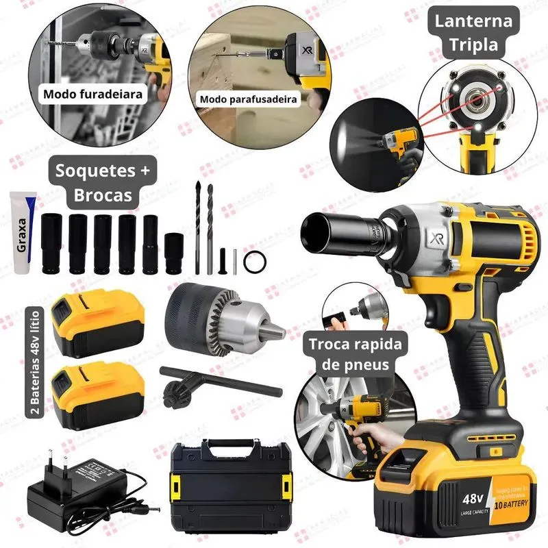 Parafusadeira Chave De Impacto 48v C/2 Bateria Lítio 6 Soque