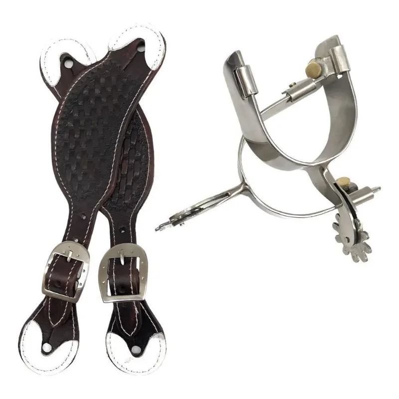 Espora Quarto De Milha+Correia Esteirada Luxo Couro Leg Marr
