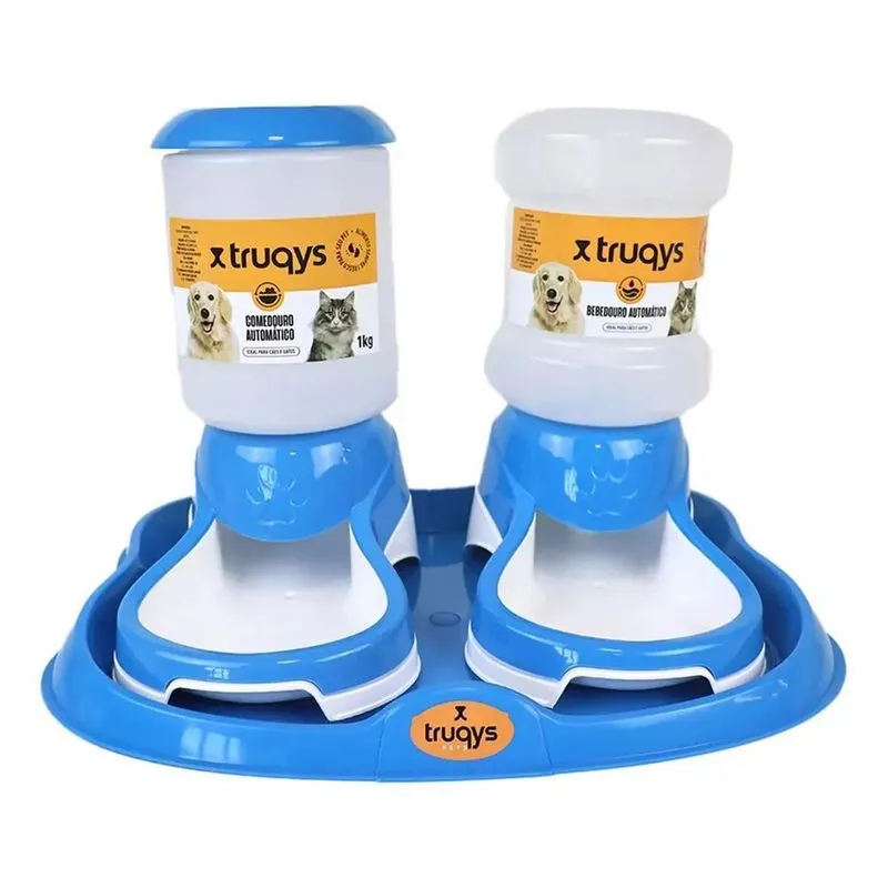 Comedouro Duplo Para Cachorros E Gatos Bebedouro Automat Azu