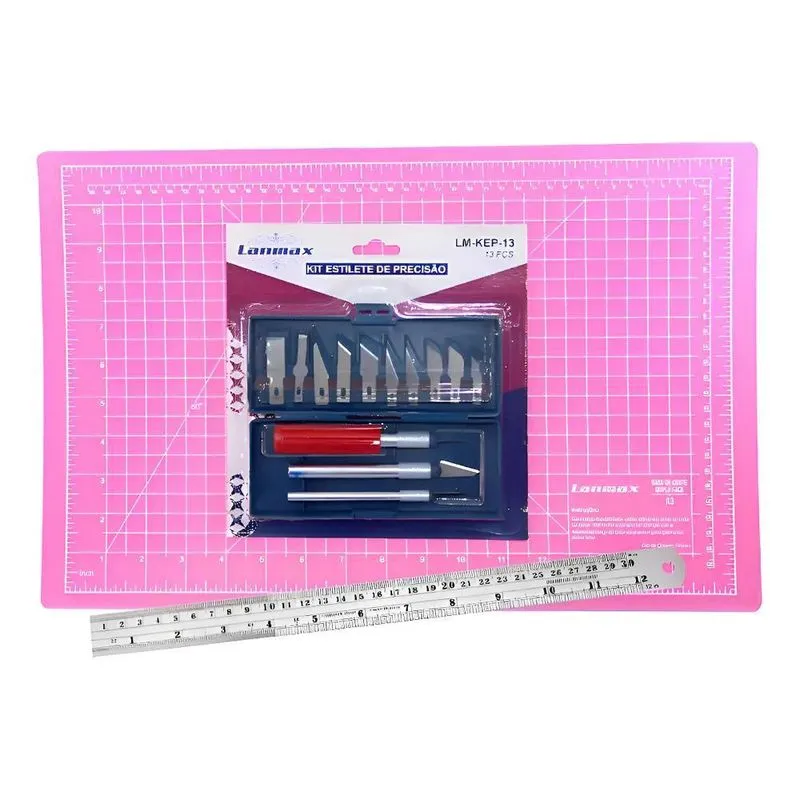 Kit Estilete Bisturi + Base Corte A3 45x30 + Régua Aço 30 Cm