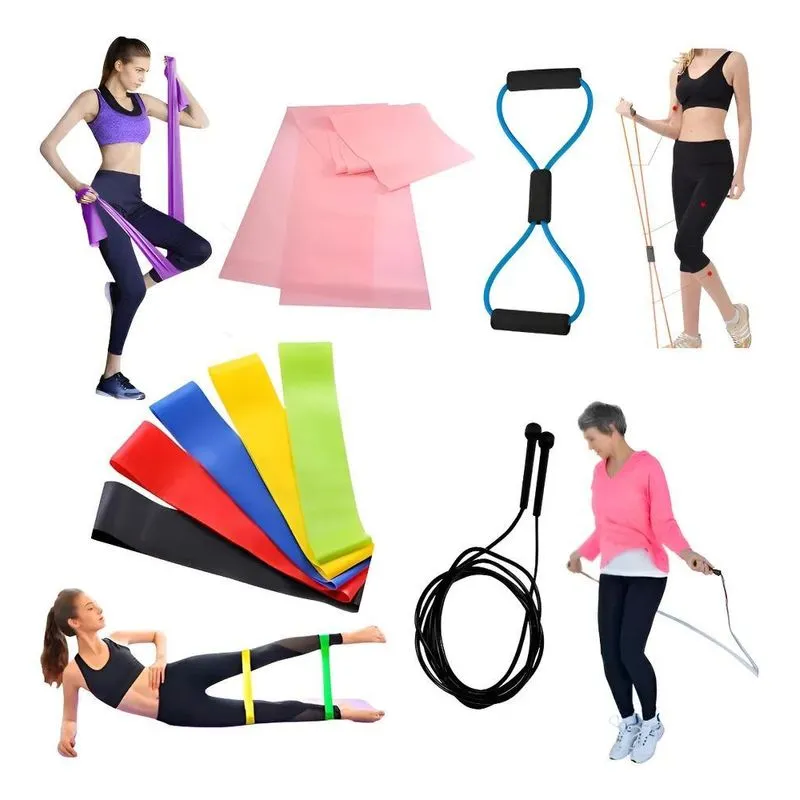 Kit Com 7 Elásticos, Corda De Pular Exercícios Pilates Yoga
