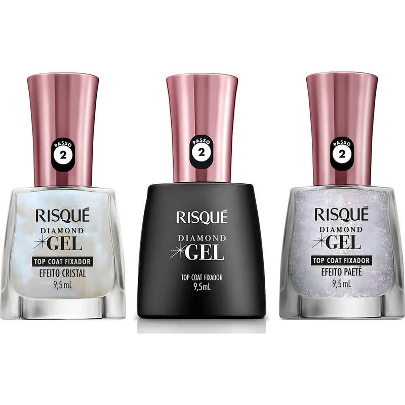 Kit 3 Top Coat Efeito Cristal Paetê Risqué Diamond Gel Fixador