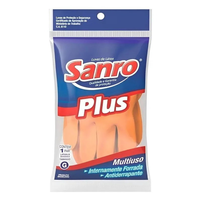 2x Luva Latex Limpeza Multiuso Sanro Plus Laranja
