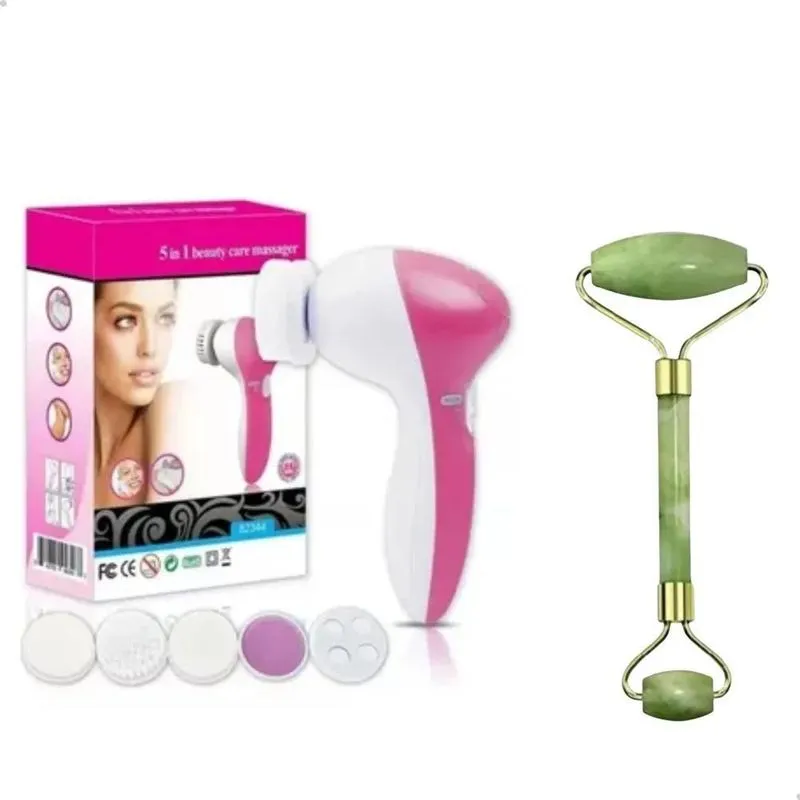 2x Escova Limpeza Facial 5 Em 1 E Rolo Pedra Jade Kit Skinca